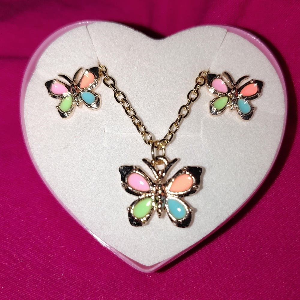 Butterfly Pendant Necklace and Earrings Set - Gold, Pink, Green, Black